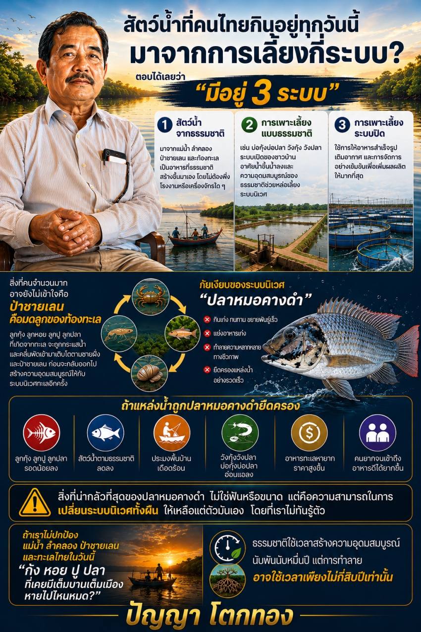 ผู้ประกอบการร้านอาหารข้าวใหม่ปลามัน อัมพวา วอนทุกฝ่ายร่วมแก้ปัญหาปลาหมอคางดำ ทำลายห่วงโซ่ระบบนิเวศน์ทรัพยากรทางทะเลและสิ่งแวดล้อมป่าชายเลน